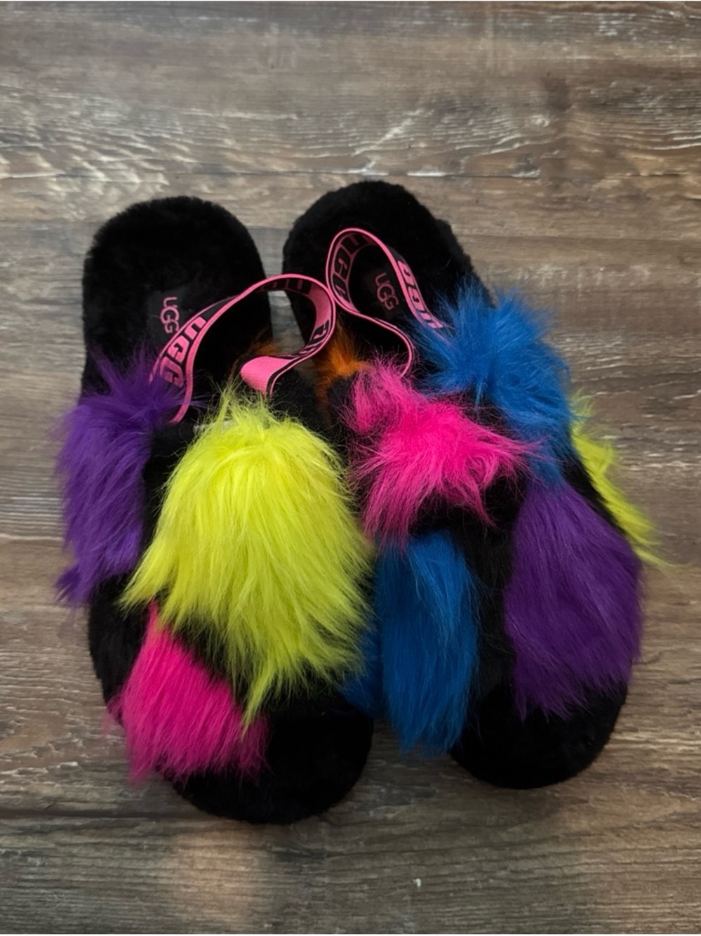 UGG Black Faux-Fur Slide Slippers with Neon Multi-Color Accents